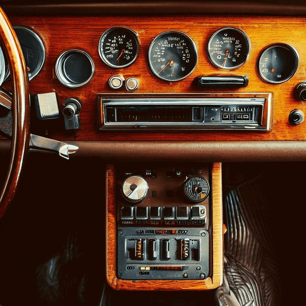 Tablero de madera de un auto con un pequeño tag NFC de cobre